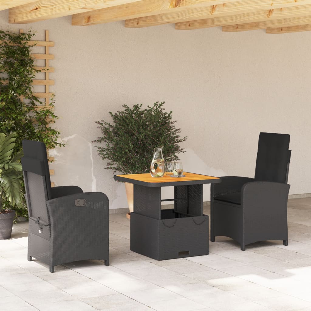 Set da Pranzo da Giardino 3 pz con Cuscini Nero in Polyrattan