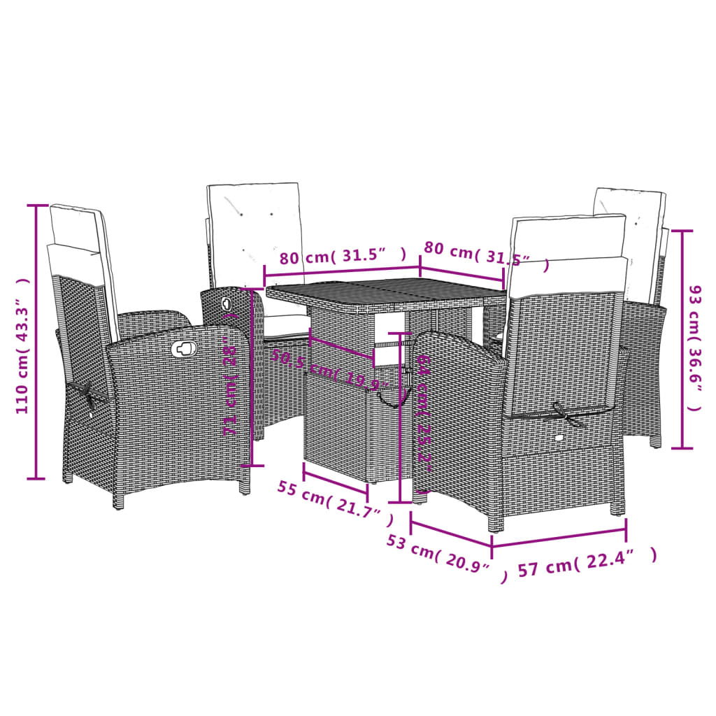 Set da Pranzo da Giardino 5 pz Nero con Cuscini in Polyrattan