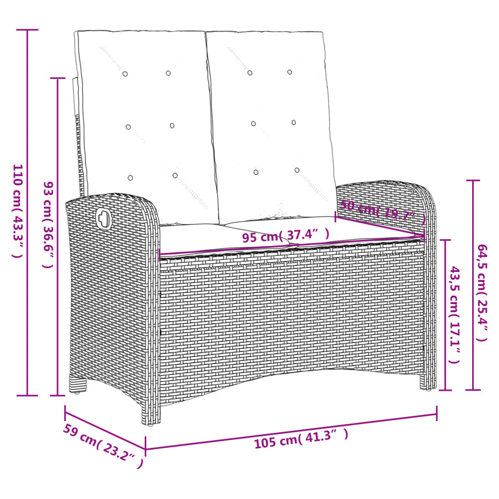 Set da Pranzo da Giardino 2 pz con Cuscini Nero in Polyrattan