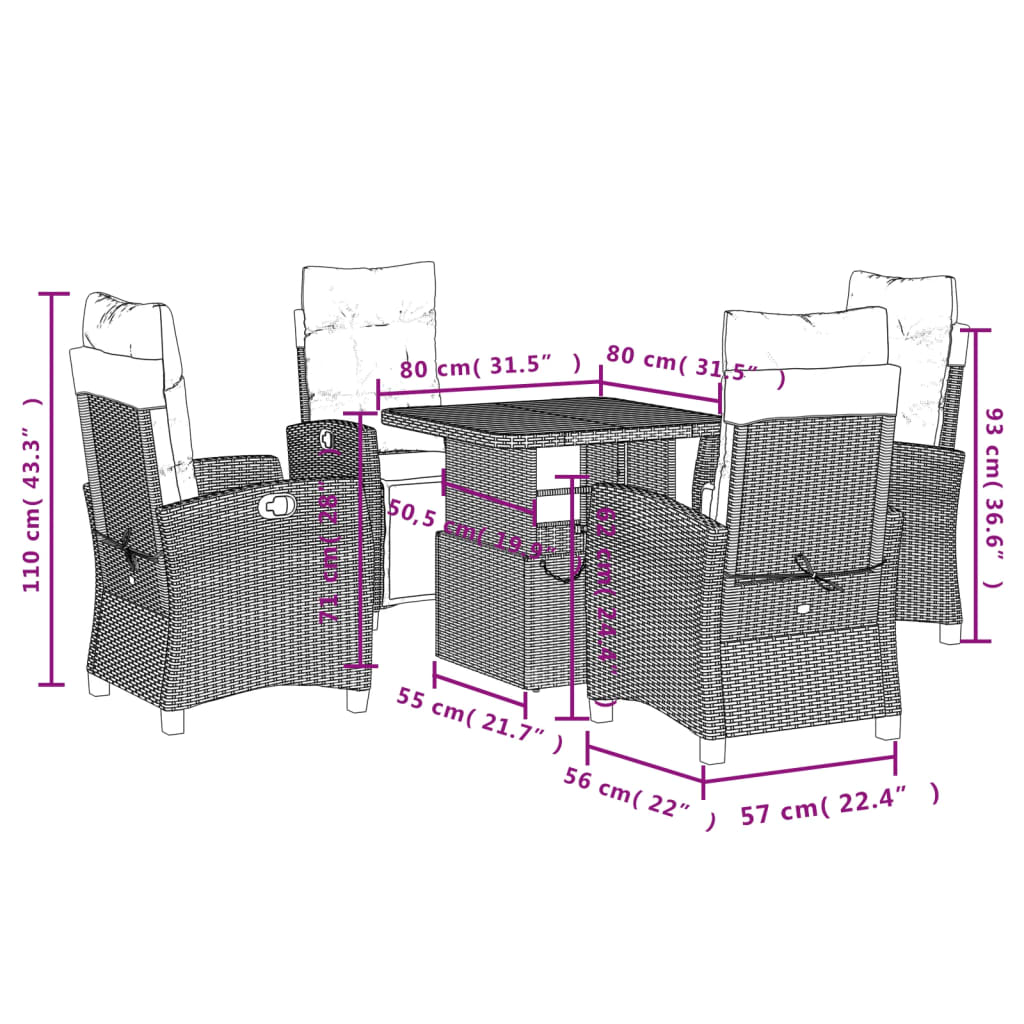 Set da Pranzo da Giardino 5 pz Nero con Cuscini in Polyrattan