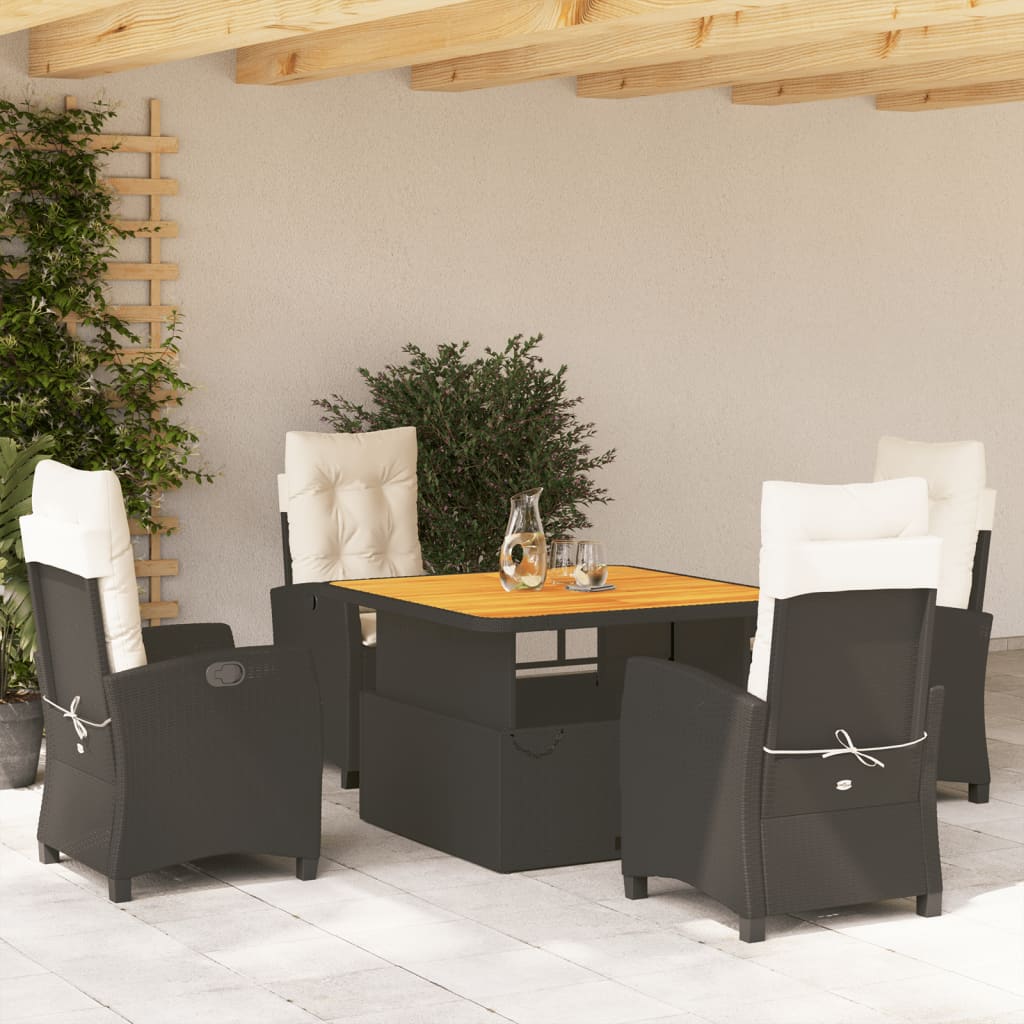 Set da Pranzo da Giardino 5 pz Nero con Cuscini in Polyrattan