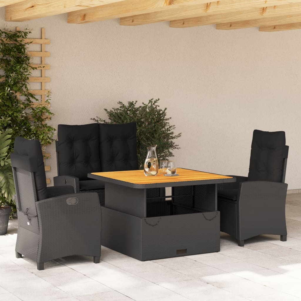 Set da Pranzo da Giardino 4 pz con Cuscini Nero in Polyrattan