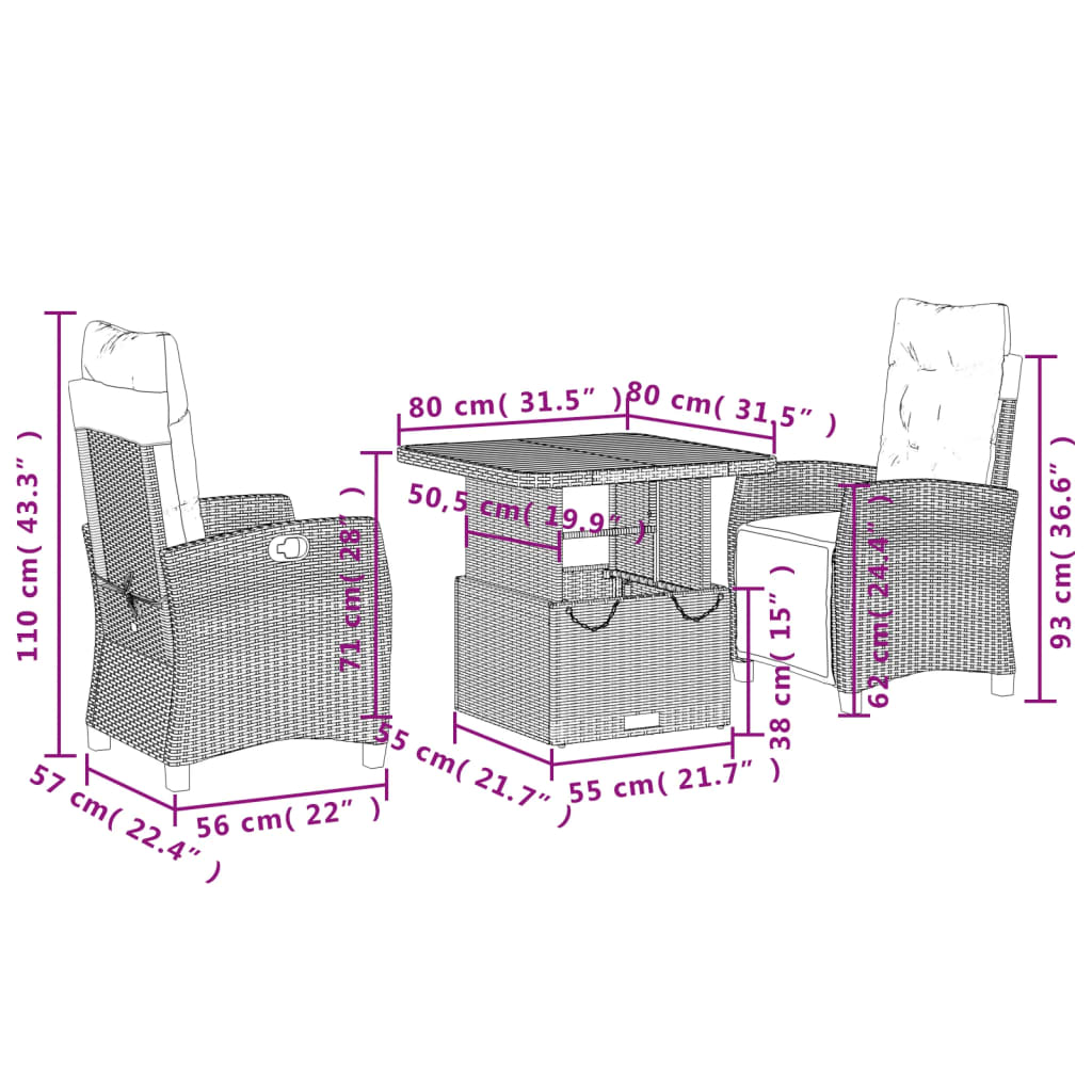 Set da Pranzo da Giardino 3 pz con Cuscini in Polyrattan Grigio