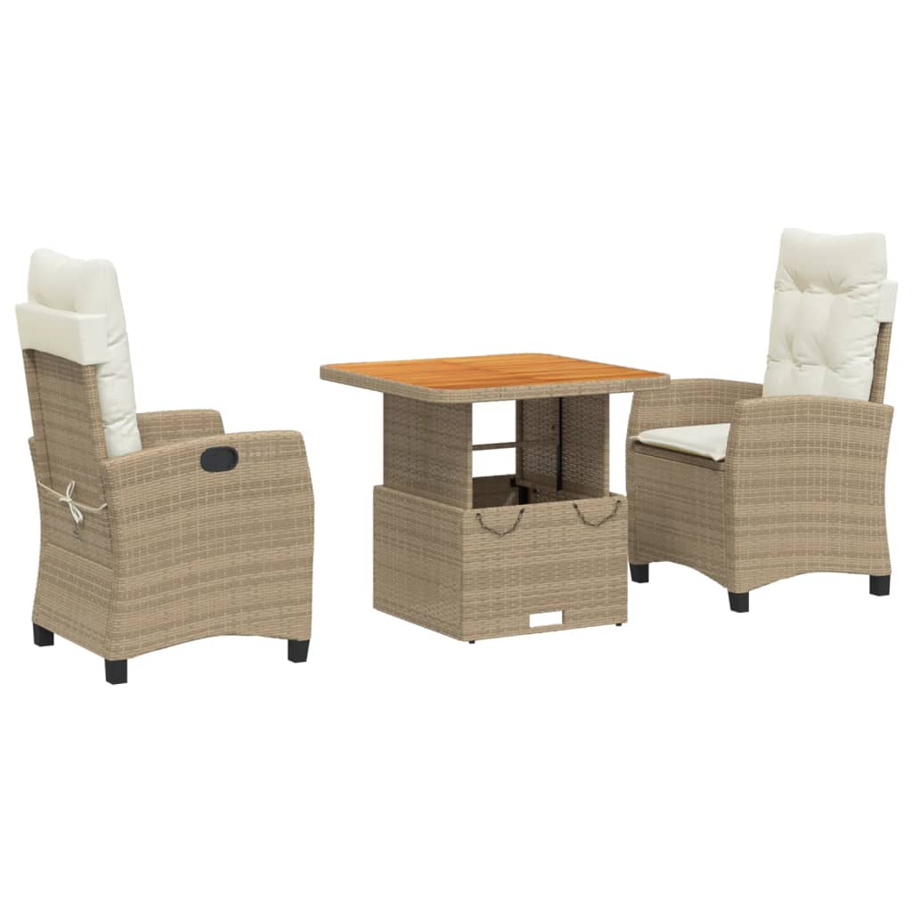 Set da Pranzo da Giardino 3 pz con Cuscini Beige in Polyrattan