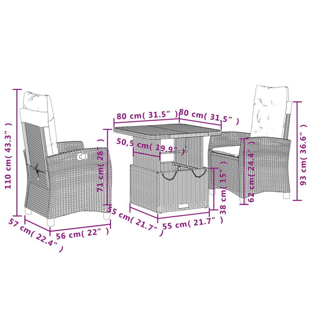 Set da Pranzo da Giardino 3 pz con Cuscini Beige in Polyrattan