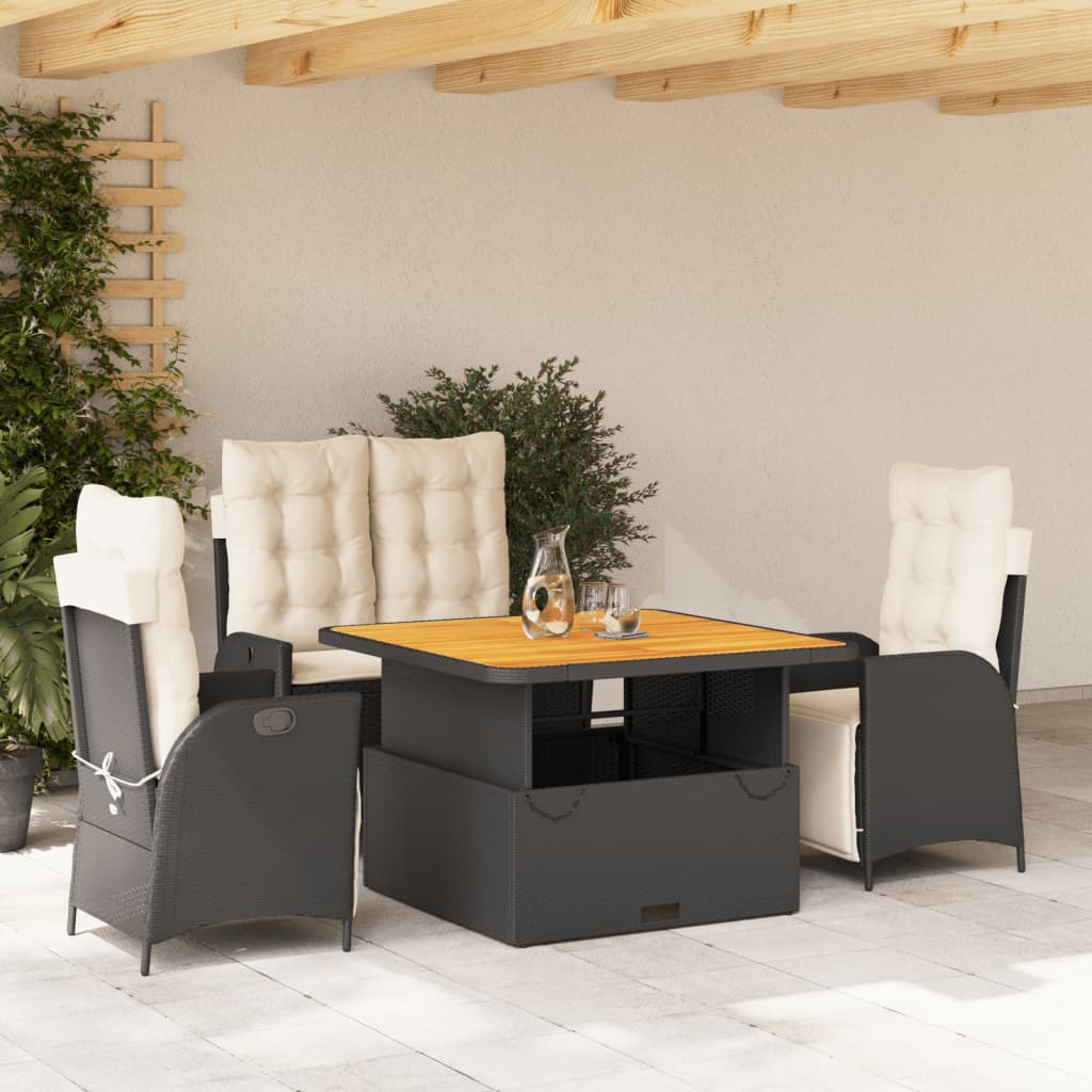 Set da Pranzo da Giardino 4 pz con Cuscini Nero in Polyrattan