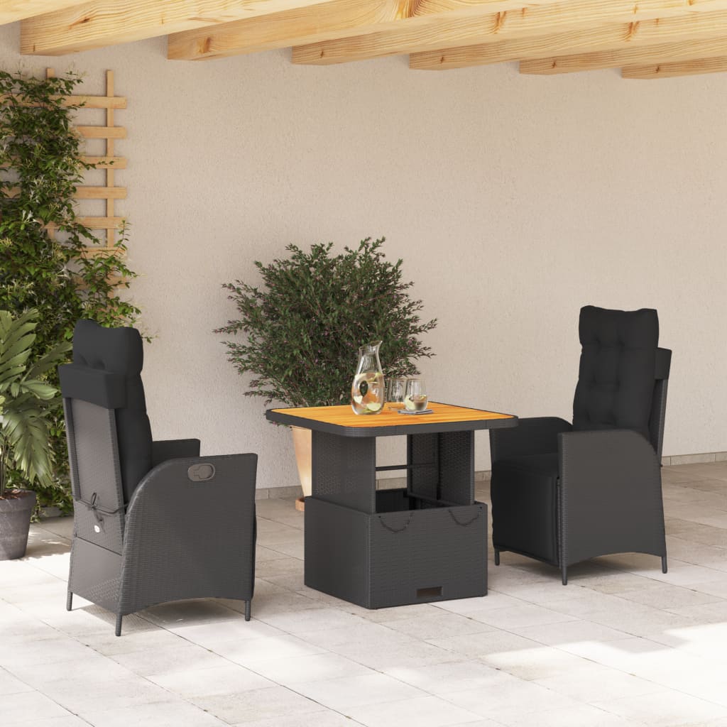 Set da Pranzo da Giardino 3 pz con Cuscini Nero in Polyrattan