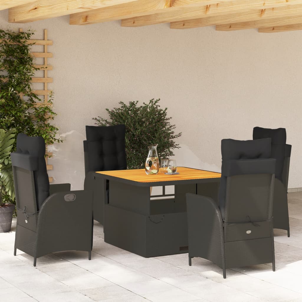 Set da Pranzo da Giardino 5 pz Nero con Cuscini in Polyrattan