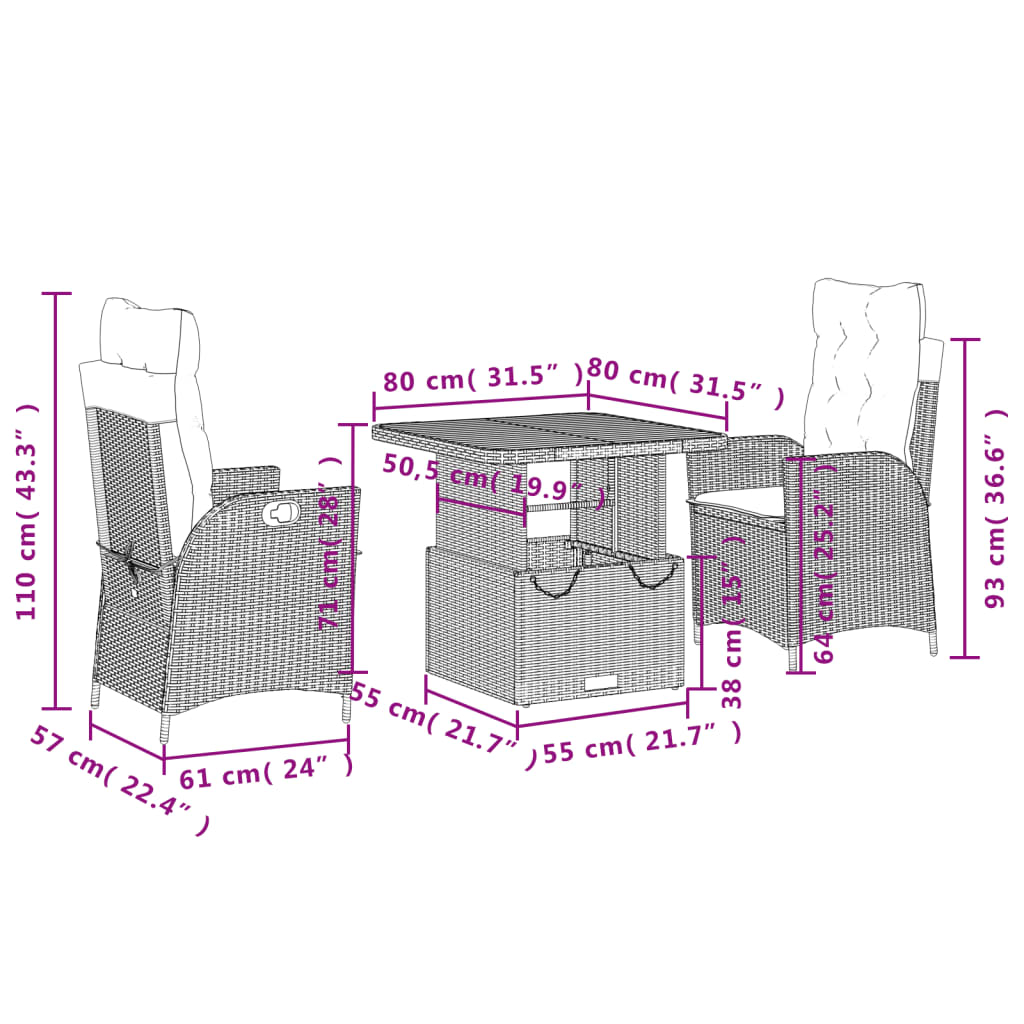 Set da Pranzo da Giardino 3 pz con Cuscini in Polyrattan Grigio