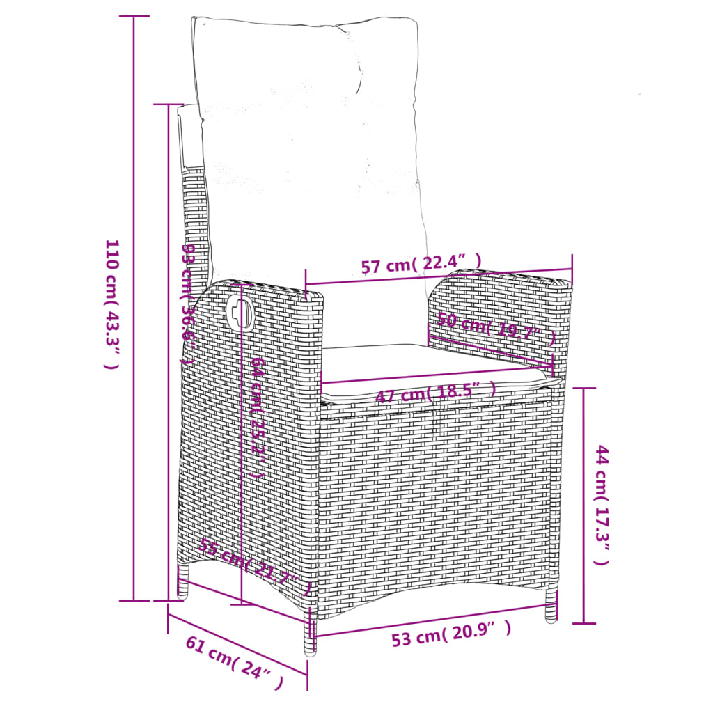 Set da Pranzo da Giardino 3 pz con Cuscini in Polyrattan Grigio