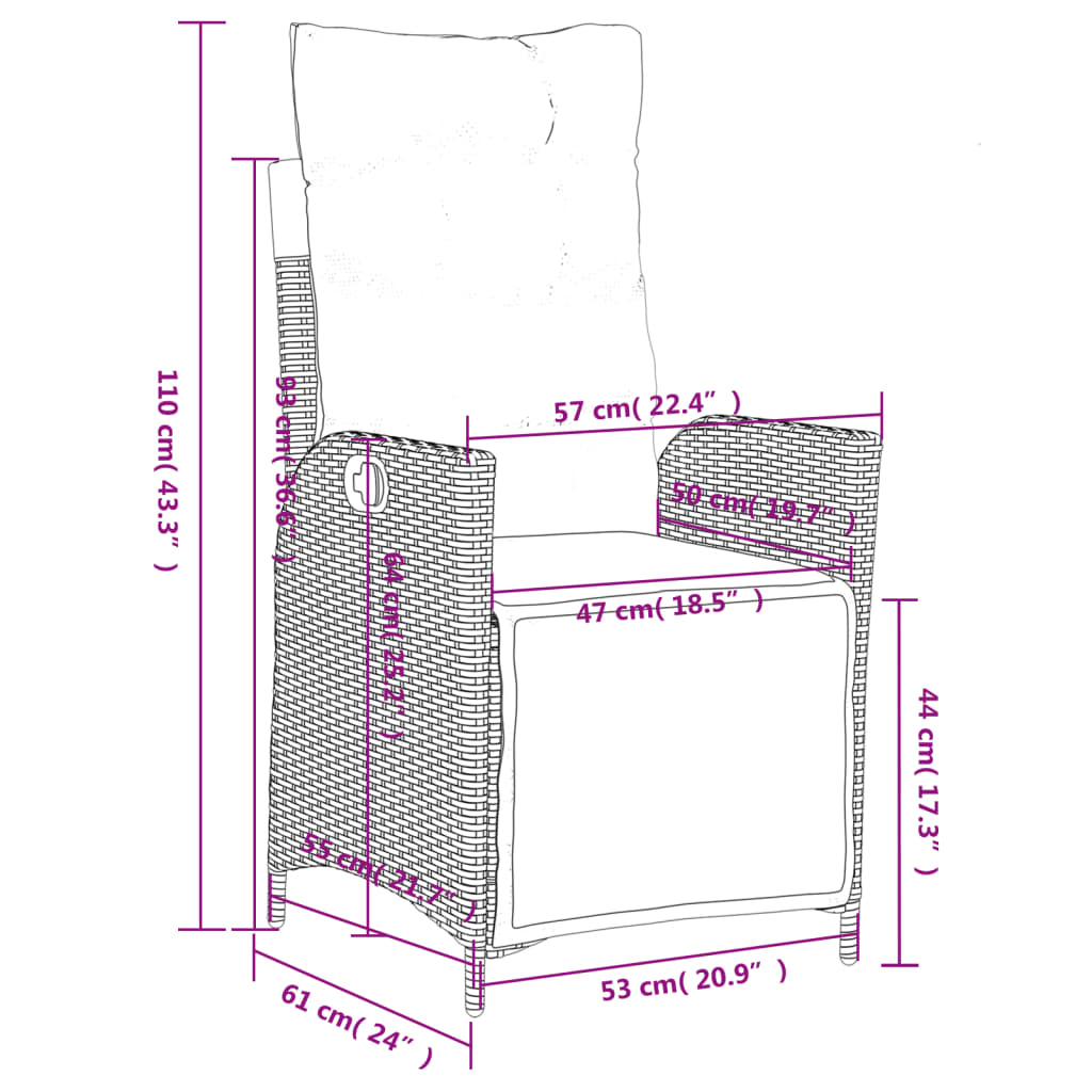 Set da Pranzo da Giardino 3 pz con Cuscini in Polyrattan Grigio