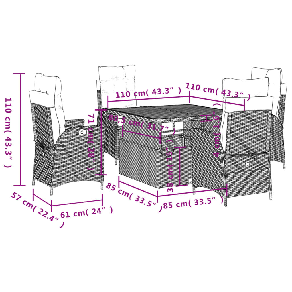 Set da Pranzo da Giardino 5 pz con Cuscini in Polyrattan Grigio