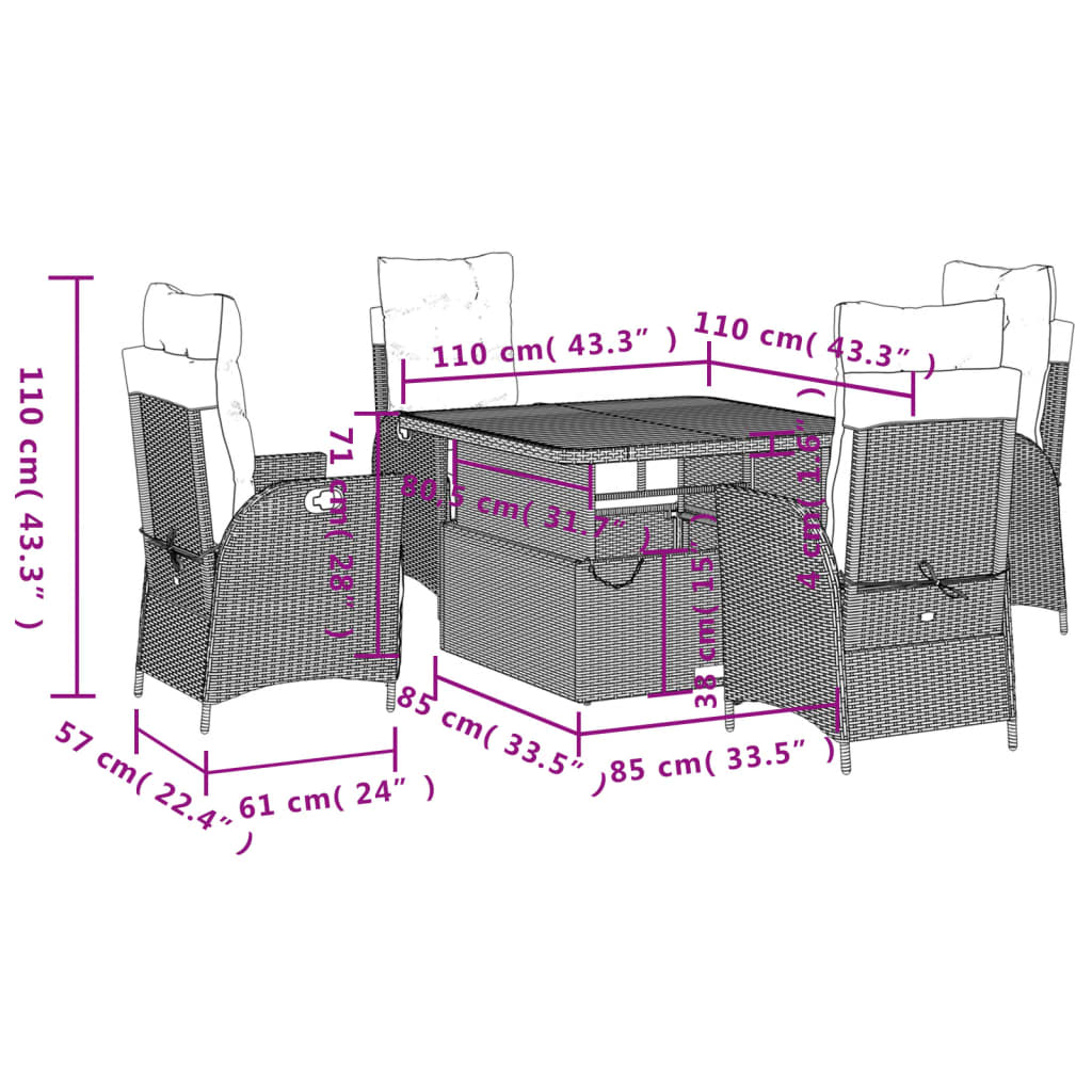 Set da Pranzo da Giardino 5 pz con Cuscini in Polyrattan Grigio