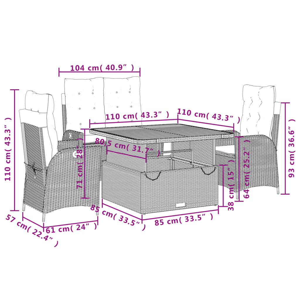 Set da Pranzo da Giardino 4 pz con Cuscini in Polyrattan Grigio