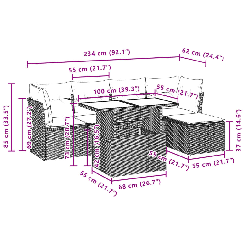 Set Divano da Giardino 6 pz con Cuscini Nero in Polyrattan