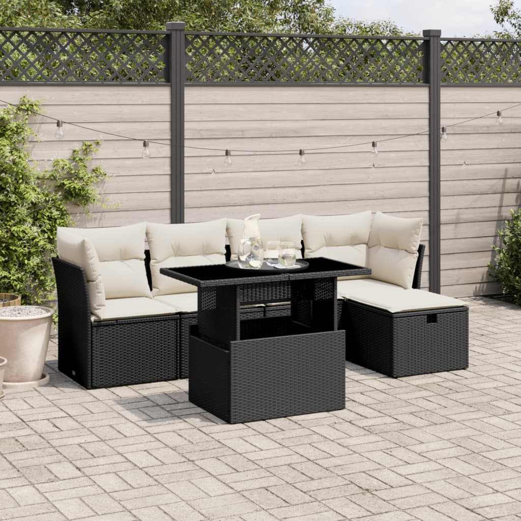 Set Divano da Giardino 6 pz con Cuscini Nero in Polyrattan