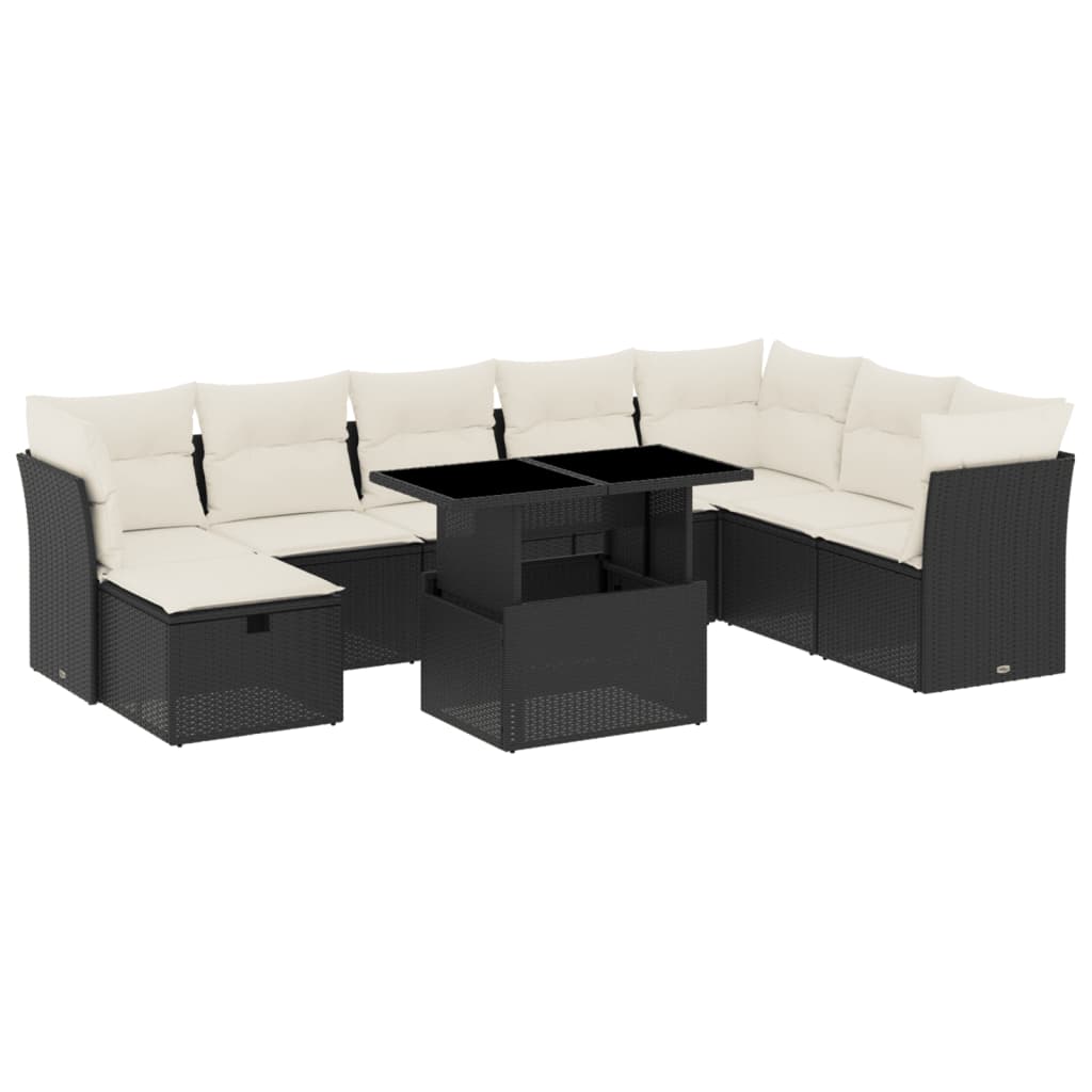 Set Divani da Giardino 9 pz con Cuscini Nero in Polyrattan