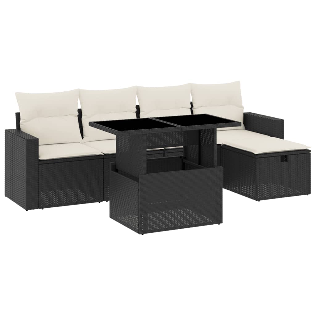 Set Divano da Giardino 6 pz con Cuscini Nero in Polyrattan