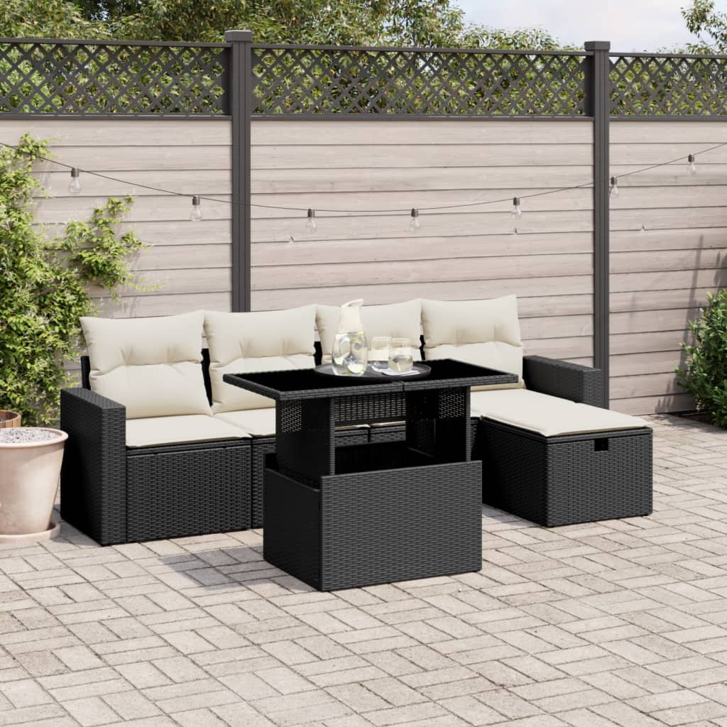 Set Divano da Giardino 6 pz con Cuscini Nero in Polyrattan