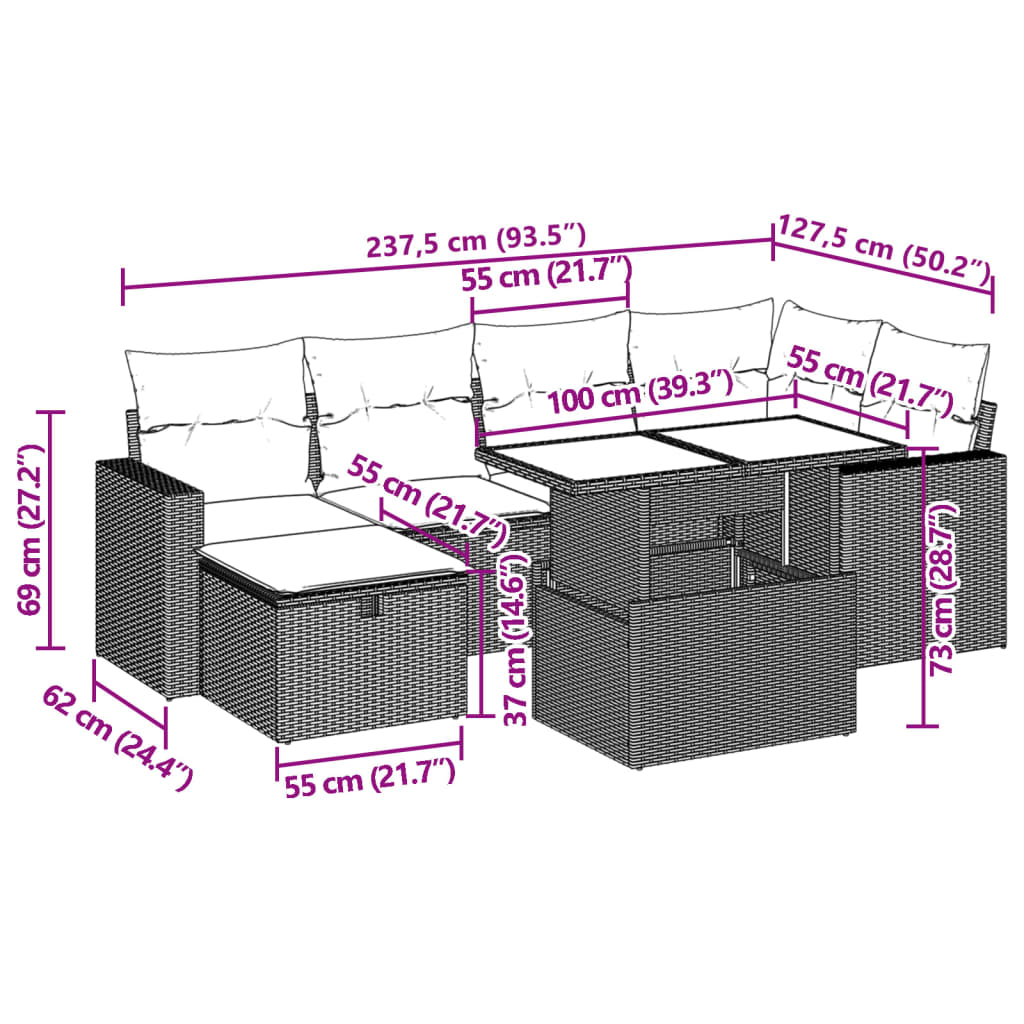 Set Divani da Giardino con Cuscini 7pz Nero Polyrattan