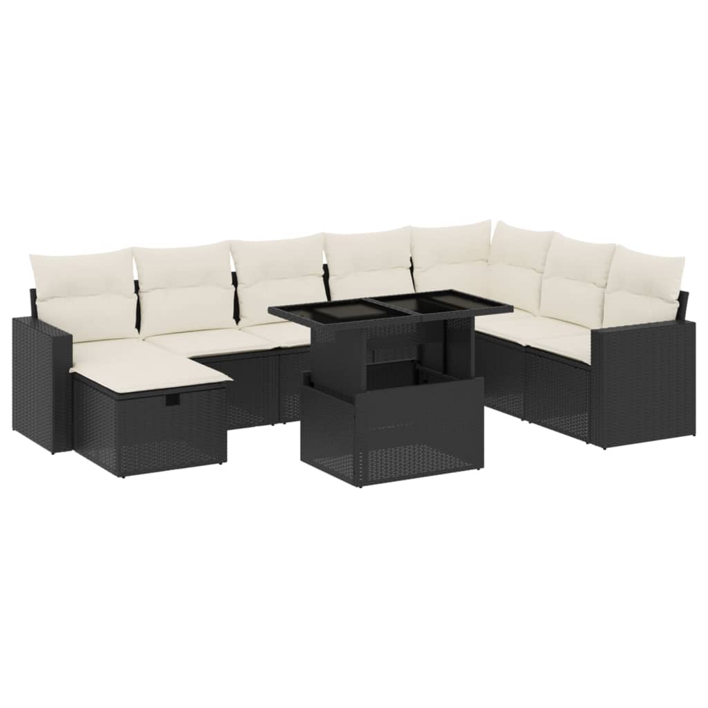 Set Divani da Giardino 9 pz con Cuscini Nero in Polyrattan