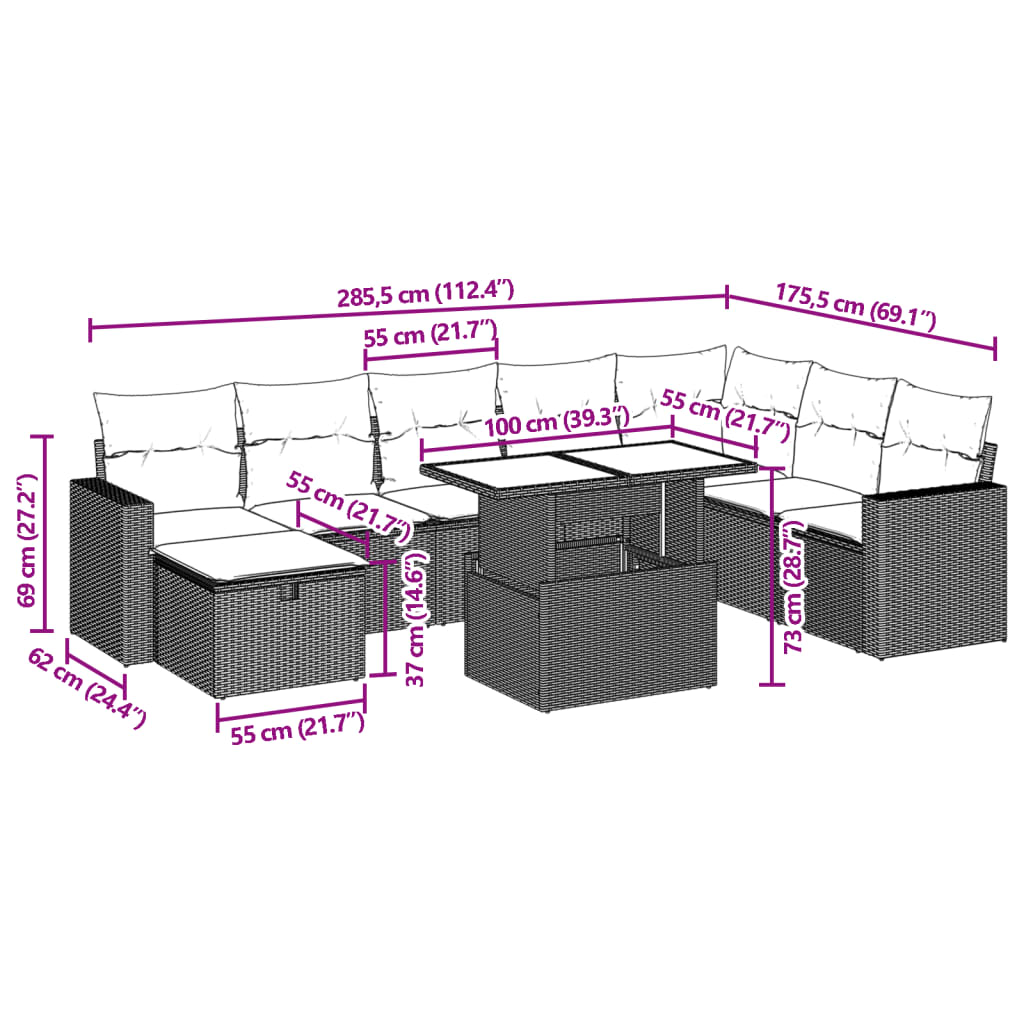 Set Divani da Giardino 9 pz con Cuscini Nero in Polyrattan