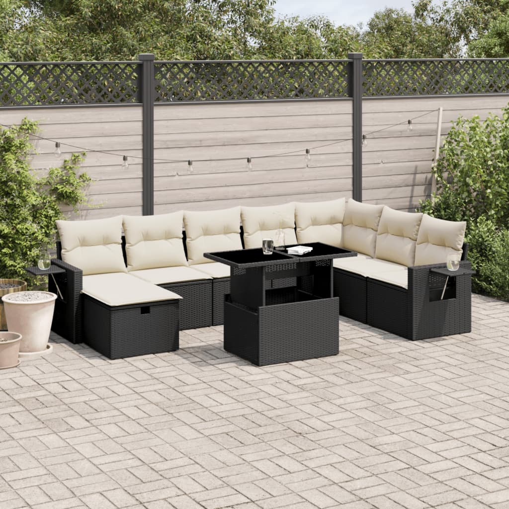 Set Divani da Giardino 9 pz con Cuscini Nero in Polyrattan