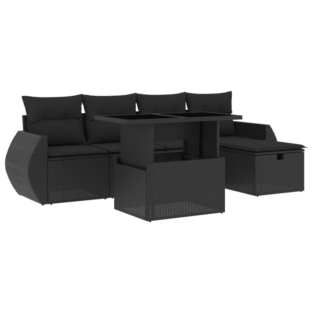 Set Divano da Giardino 6 pz con Cuscini Nero in Polyrattan