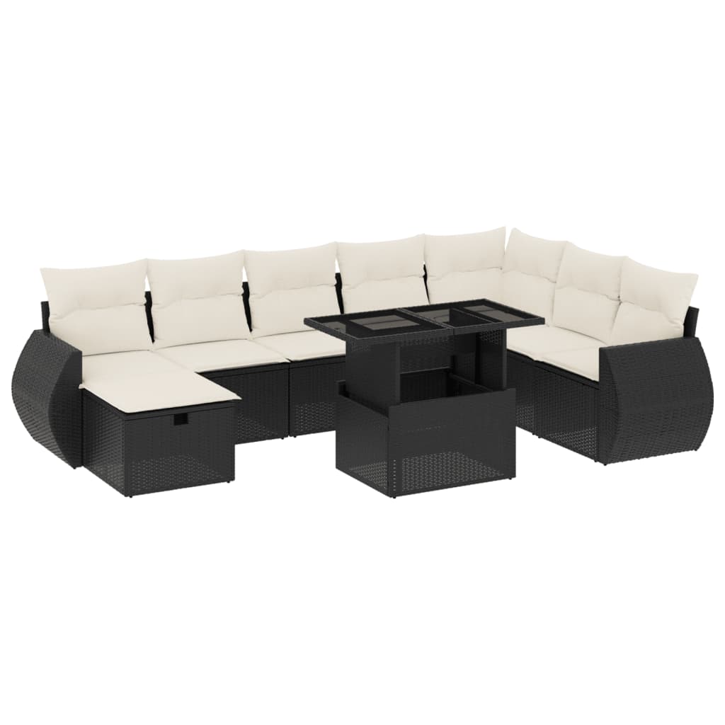 Set Divani da Giardino 9 pz con Cuscini Nero in Polyrattan