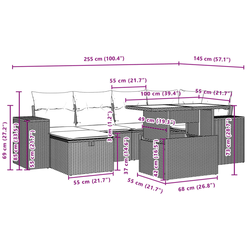 Set Divani da Giardino con Cuscini 7pz Nero Polyrattan