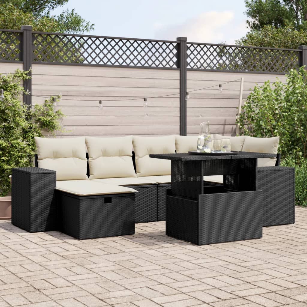 Set Divani da Giardino con Cuscini 7pz Nero Polyrattan