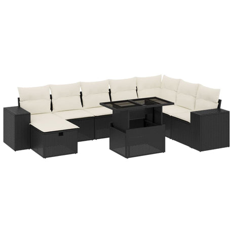 Set Divani da Giardino 9 pz con Cuscini Nero in Polyrattan