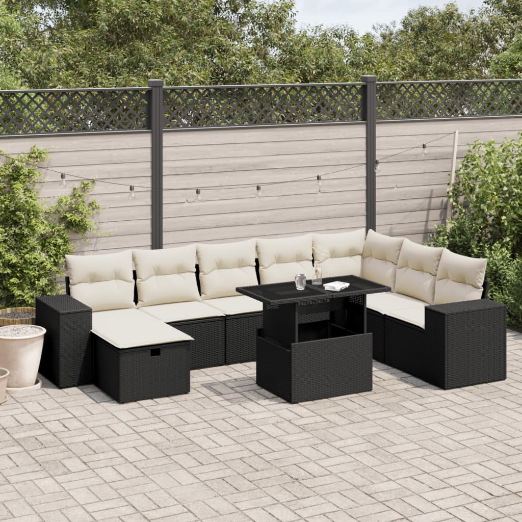 Set Divani da Giardino 9 pz con Cuscini Nero in Polyrattan