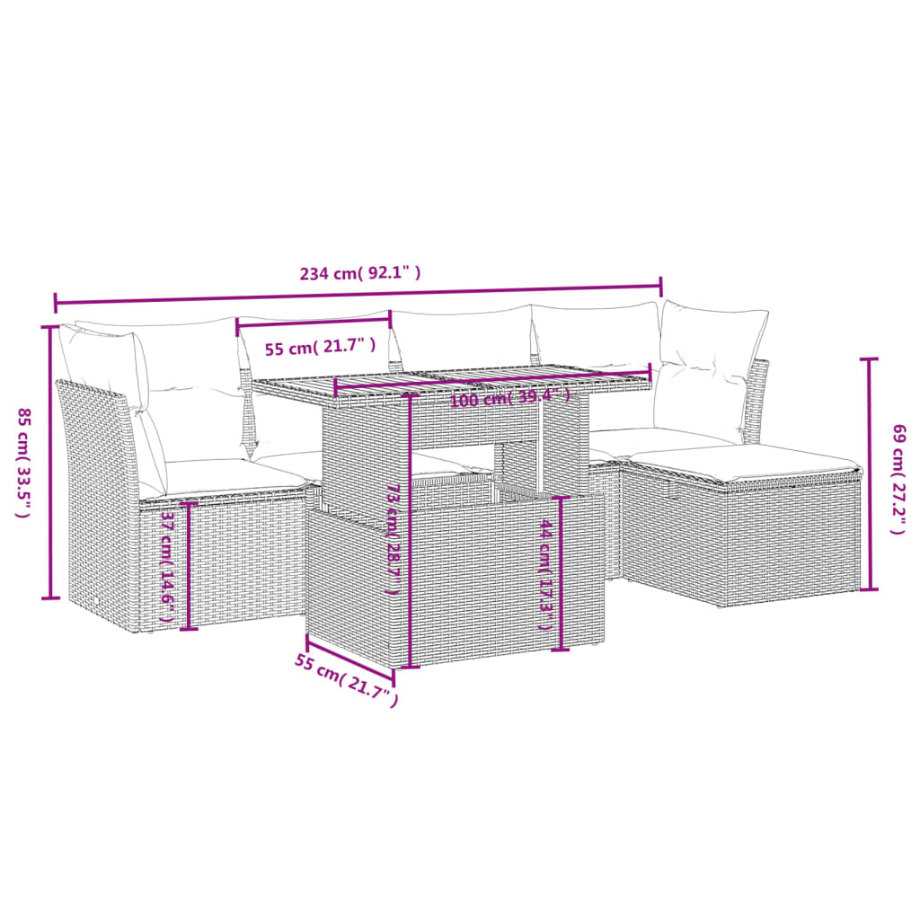 Set Divano da Giardino 6 pz con Cuscini Grigio in Polyrattan