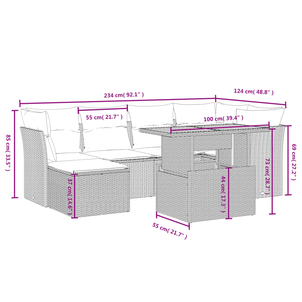 Set Divani da Giardino 7 pz con Cuscini Grigio in Polyrattan