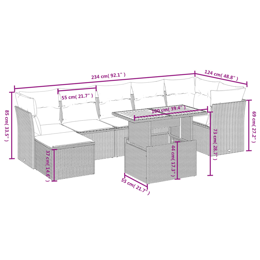 Set Divano da Giardino 8 pz con Cuscini Grigio in Polyrattan