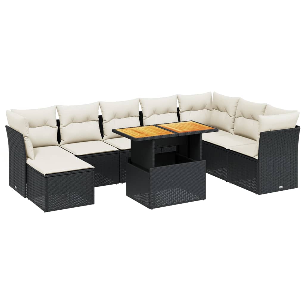 Set Divani da Giardino 9 pz con Cuscini Nero in Polyrattan