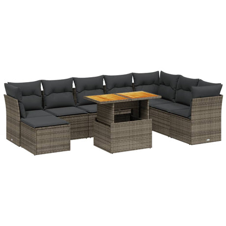 Set Divano da Giardino 9 pz con Cuscini Grigio in Polyrattan