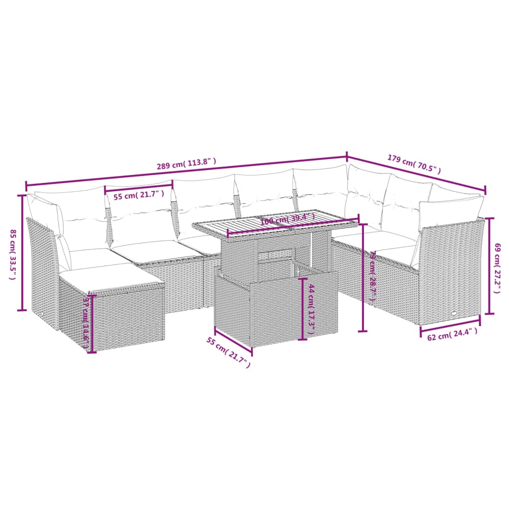 Set Divano da Giardino 9 pz con Cuscini Grigio in Polyrattan