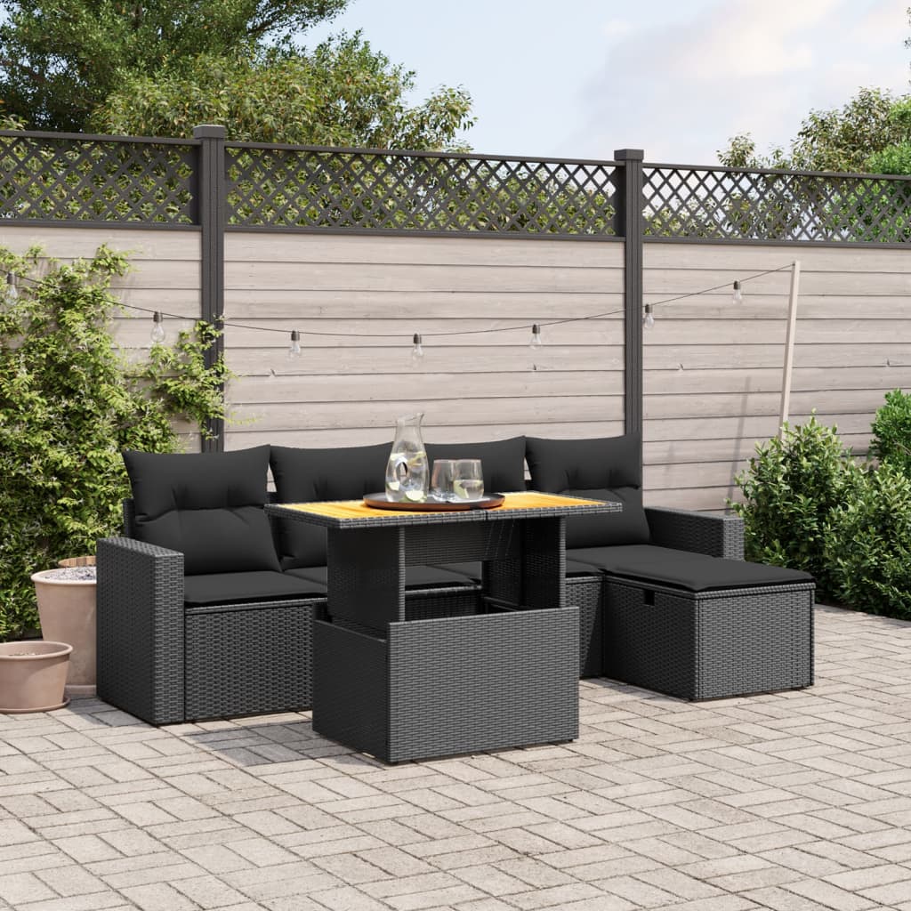 Set Divano da Giardino 6 pz con Cuscini Nero in Polyrattan