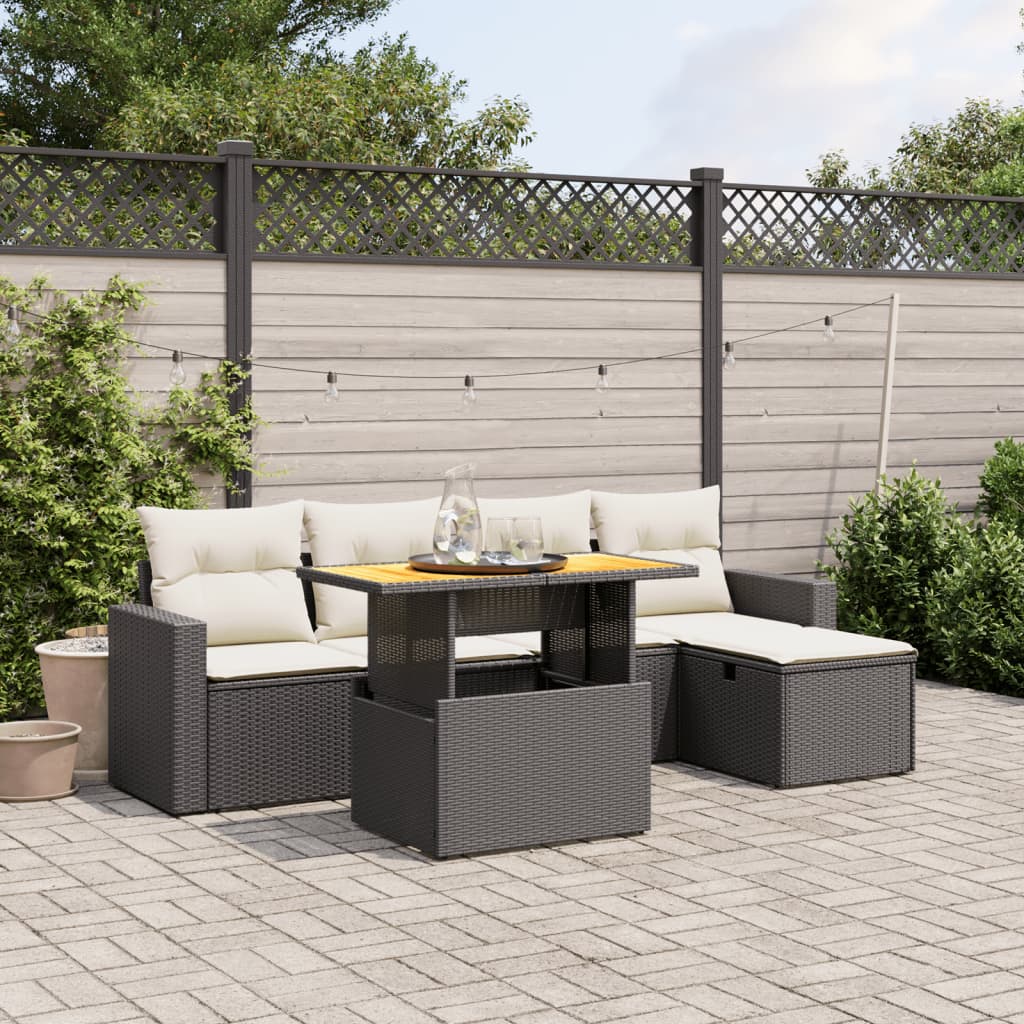 Set Divano da Giardino 6 pz con Cuscini Nero in Polyrattan