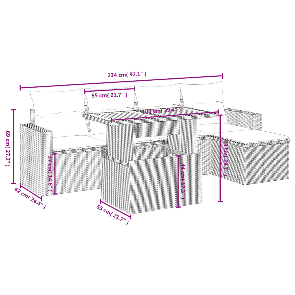 Set Divano da Giardino 6 pz con Cuscini Grigio in Polyrattan