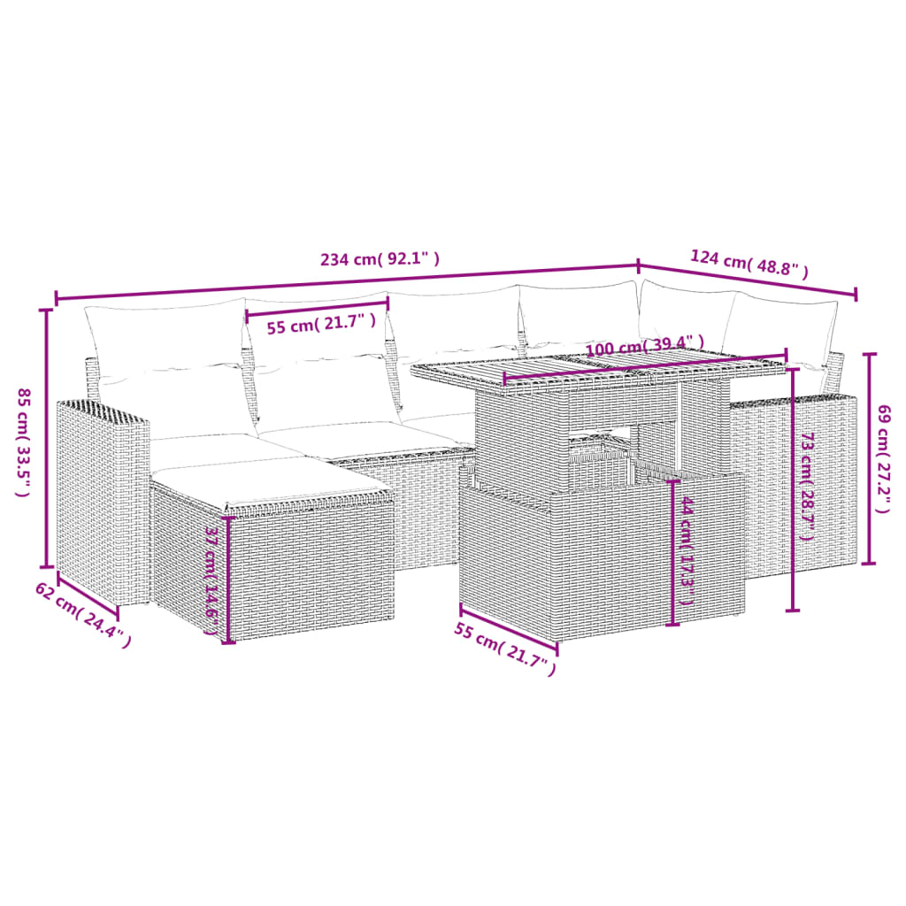 Set Divani da Giardino con Cuscini 7pz Nero Polyrattan