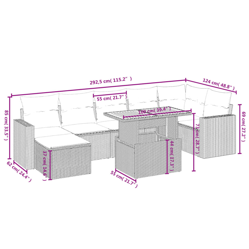 Set Divano da Giardino 8 pz con Cuscini Grigio in Polyrattan