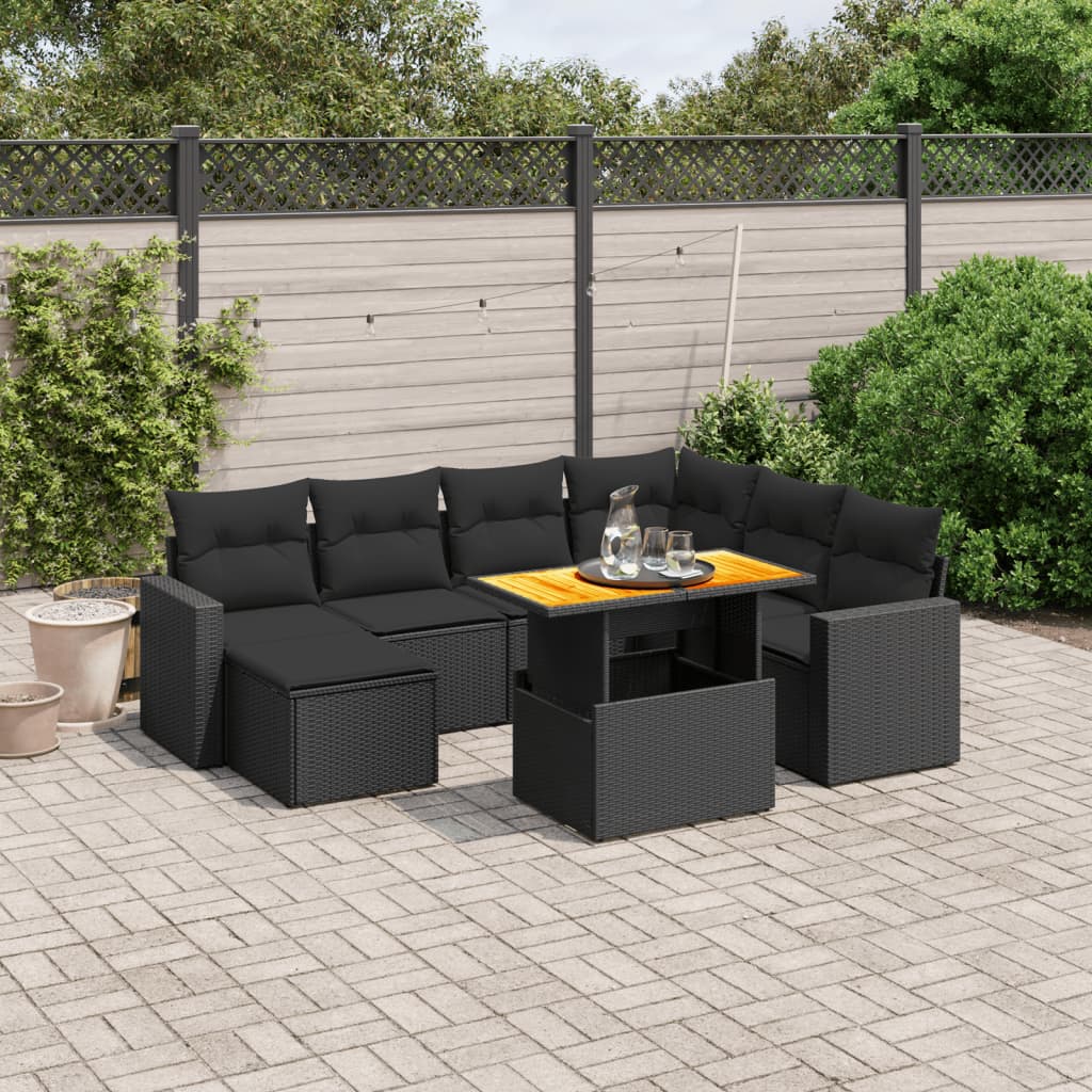 Set Divani da Giardino con Cuscini 8 pz Nero in Polyrattan