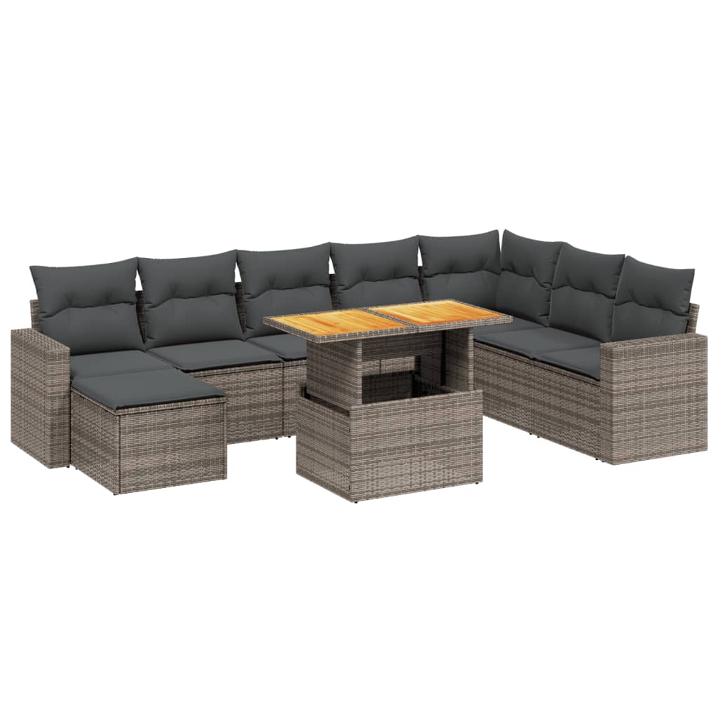 Set Divano da Giardino 9 pz con Cuscini Grigio in Polyrattan