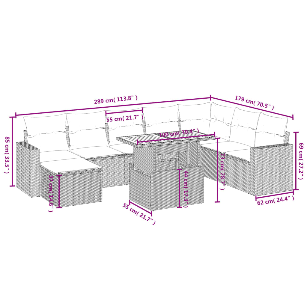 Set Divano da Giardino 9 pz con Cuscini Grigio in Polyrattan