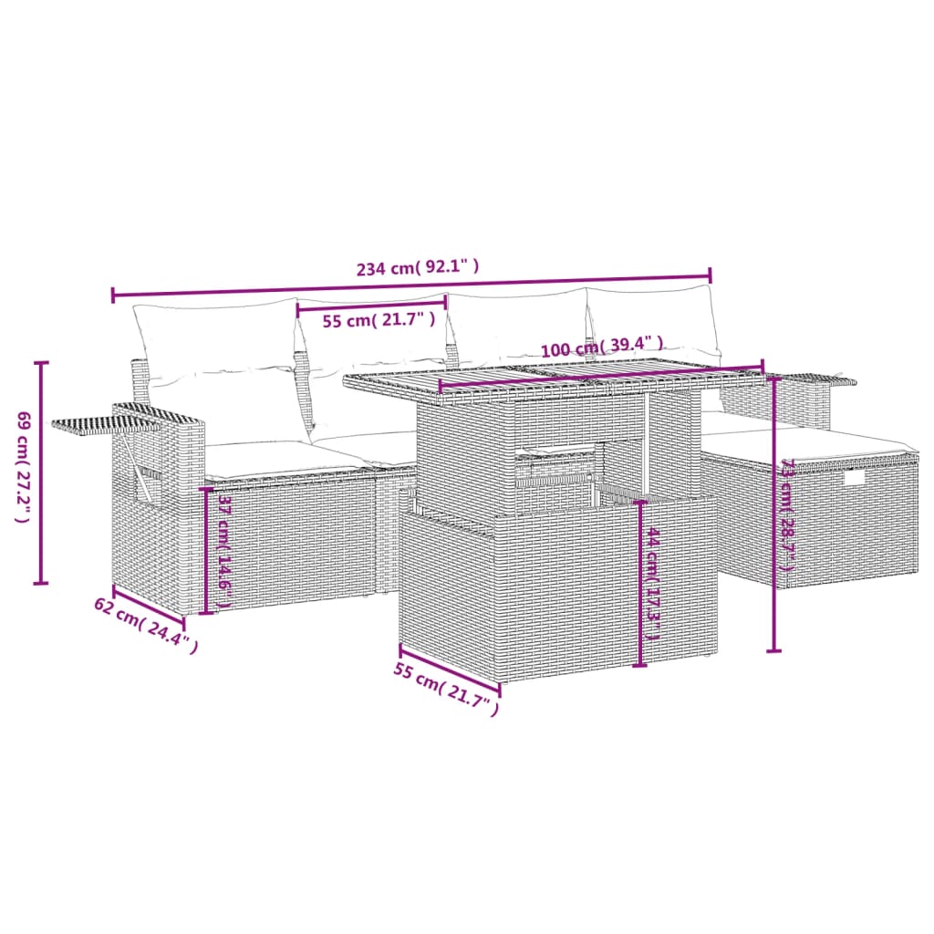 Set Divano da Giardino 6 pz con Cuscini Grigio in Polyrattan