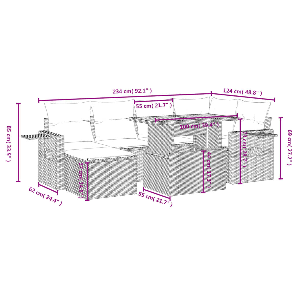 Set Divani da Giardino 7 pz con Cuscini Grigio in Polyrattan