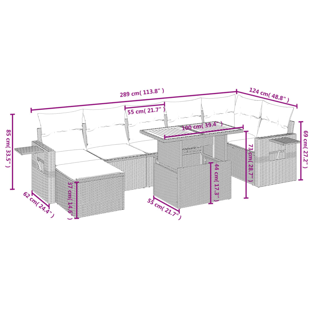 Set Divano da Giardino 8 pz con Cuscini Grigio in Polyrattan